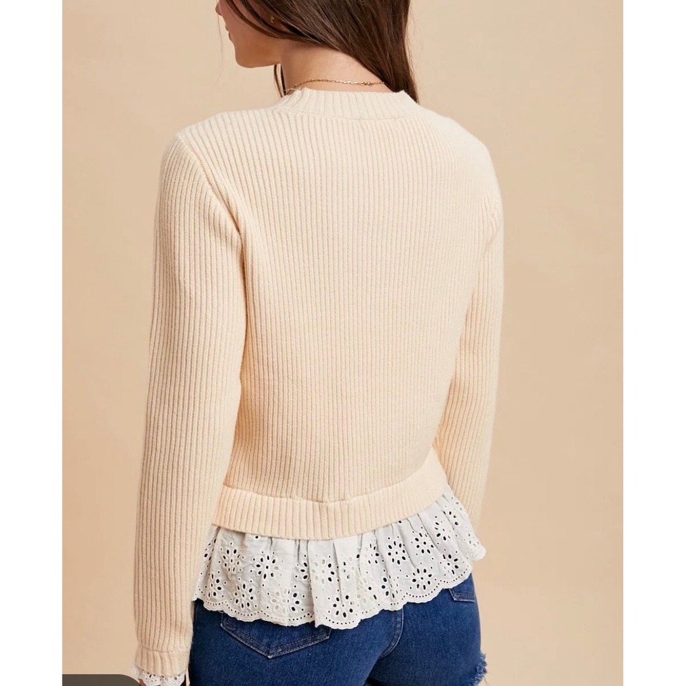 Anniewear Sz L Embroidered Eyelet Lace Ribbed Cozy Pullover Sweater Fall Layerin - Picture 6 of 11